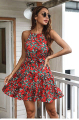 Boho Mini Dress  Halter Sundress, Tulip in Red