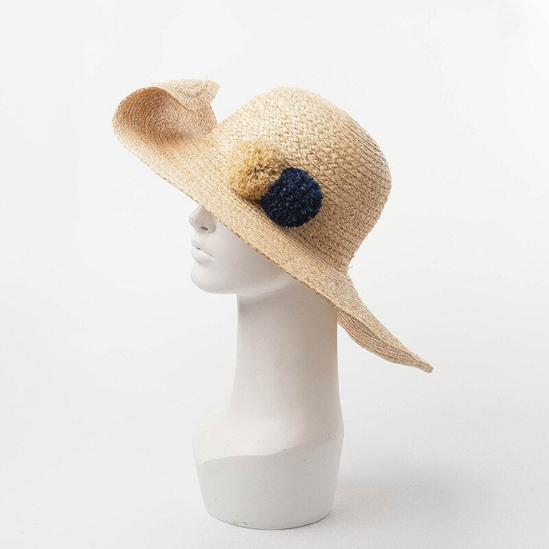 Boho Hat, Sun Beach Hat, Raffia  Fedora Hat, Navy Pom Pom