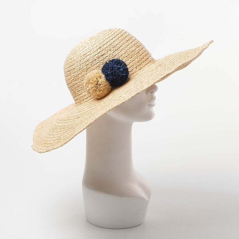 Boho Hat, Sun Beach Hat, Raffia  Fedora Hat, Navy Pom Pom