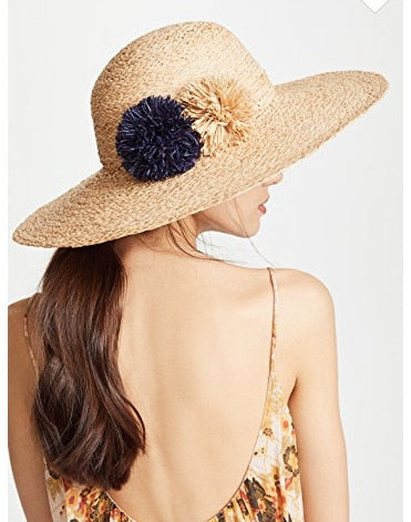 Boho Hat, Sun Beach Hat, Raffia  Fedora Hat, Navy Pom Pom