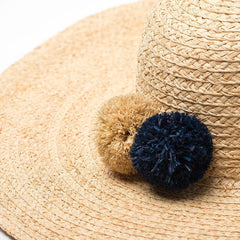 Boho Hat, Sun Beach Hat, Raffia  Fedora Hat, Navy Pom Pom