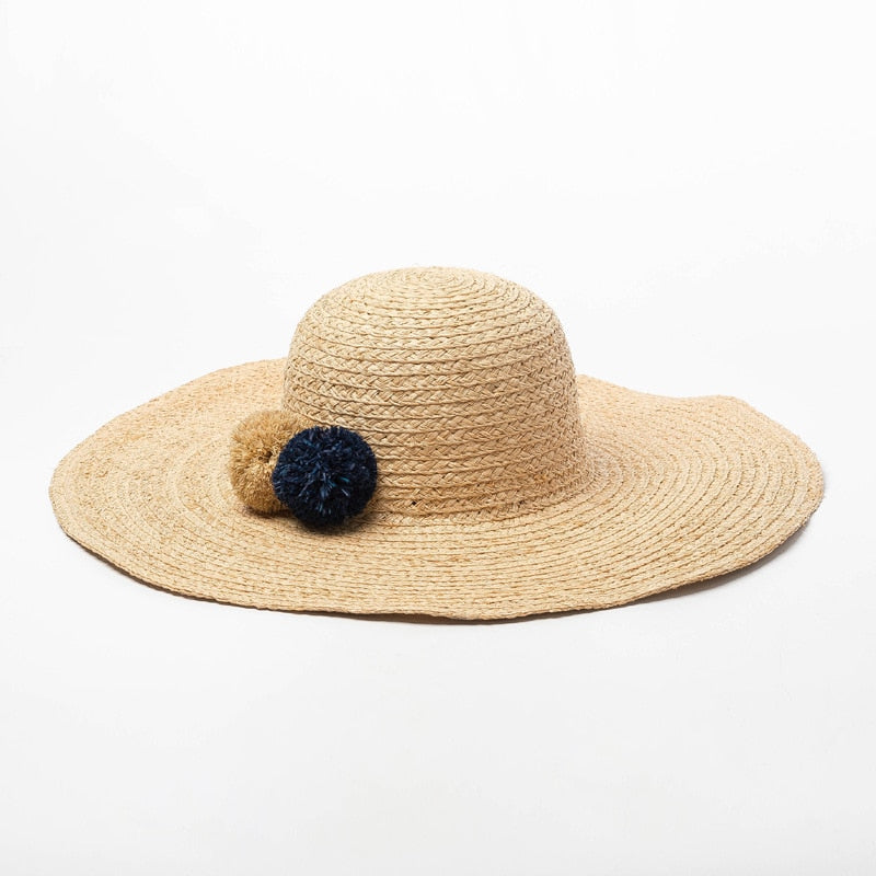 Boho Hat, Sun Beach Hat, Raffia  Fedora Hat, Navy Pom Pom