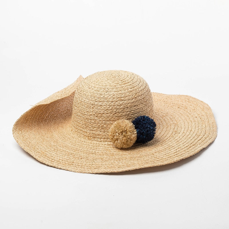 Boho Hat, Sun Beach Hat, Raffia  Fedora Hat, Navy Pom Pom