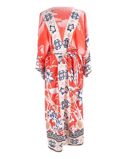Boho Robe, Kimono Robe,  Beach Cover up,  Flamingo Flower in Pink and Red