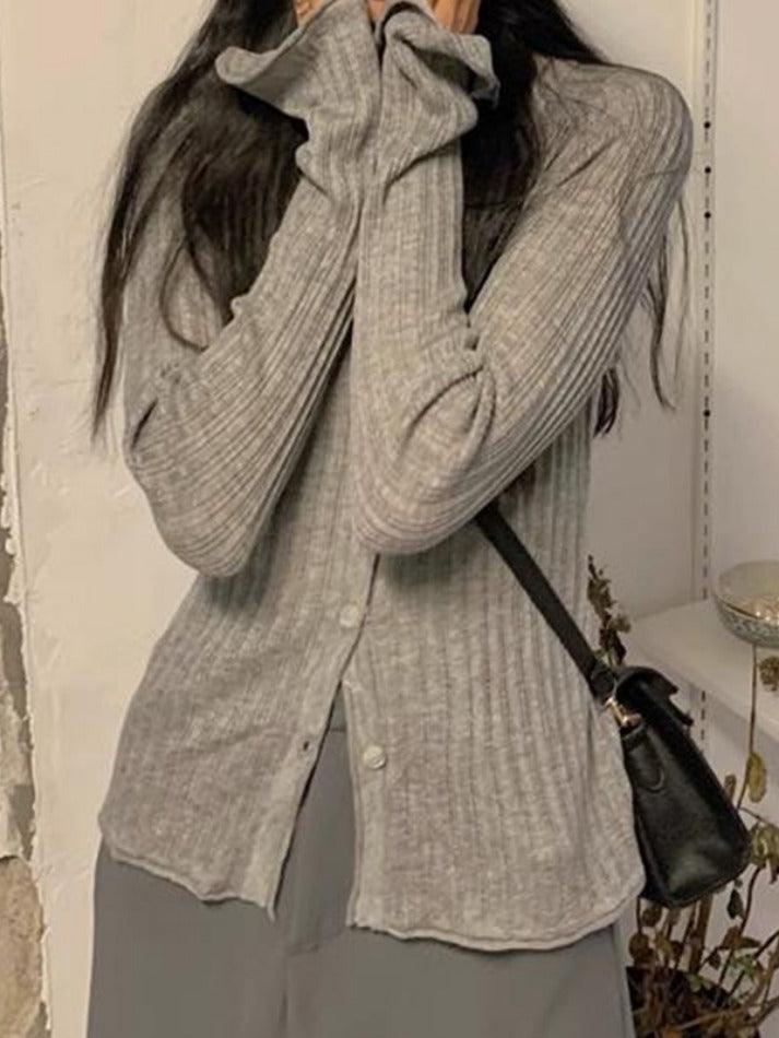 V Neck Ribbed Thin Long Sleeve Knit