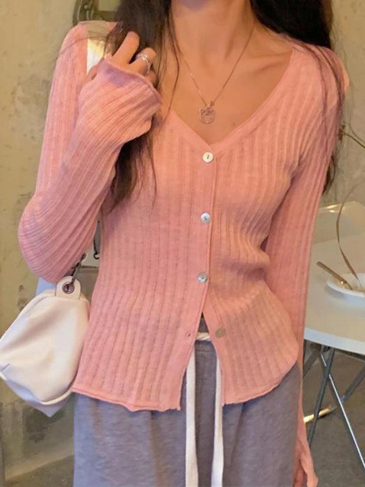 V Neck Ribbed Thin Long Sleeve Knit