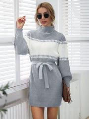 Puff Sleeve Color-block Knit Mini Dress