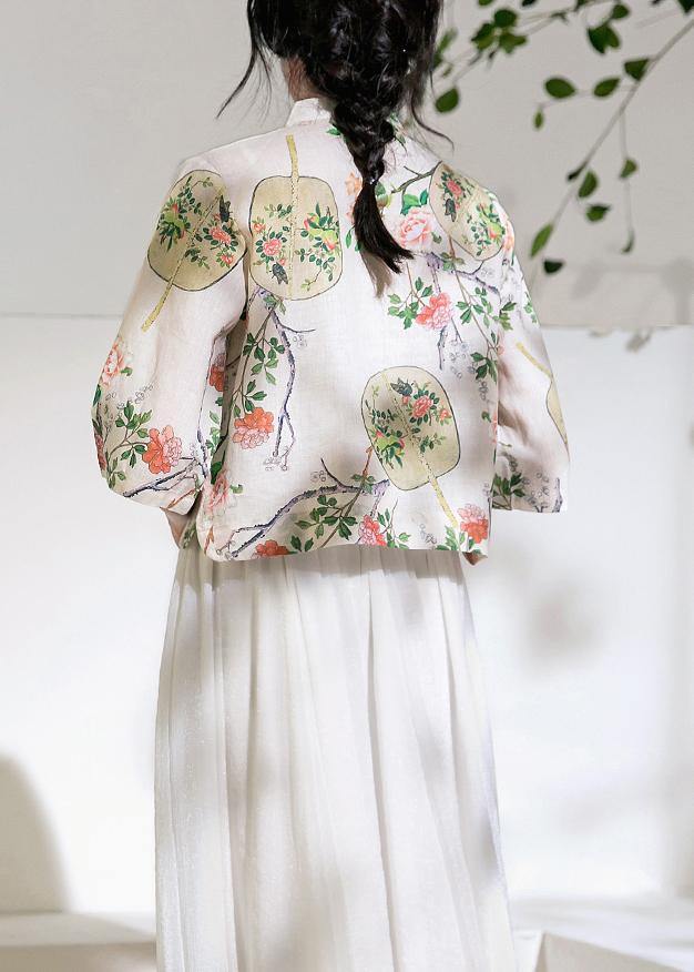 Art floral linen blouses for women half sleeve oversized stand collar shirts