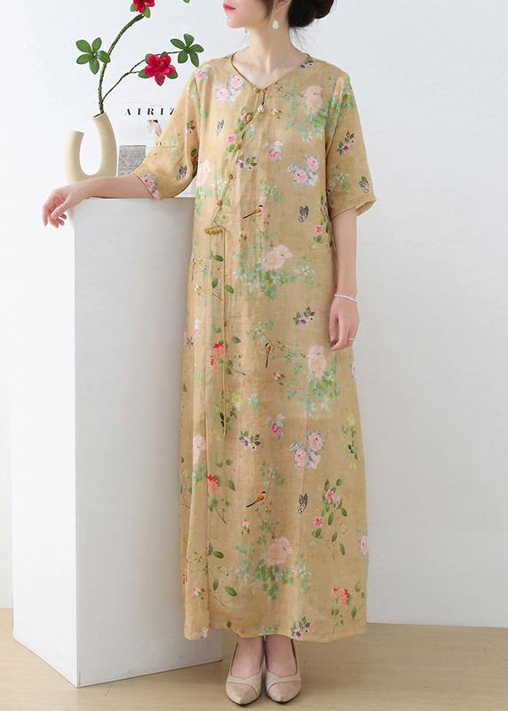Beautiful Pink Print Oriental asymmetrical Design Summer Ramie Long Dresses