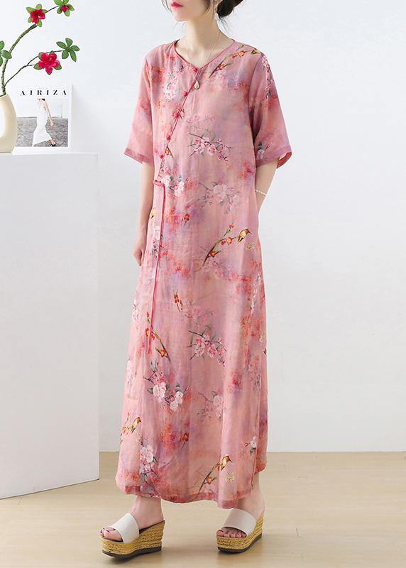 Beautiful Pink Print Oriental asymmetrical Design Summer Ramie Long Dresses