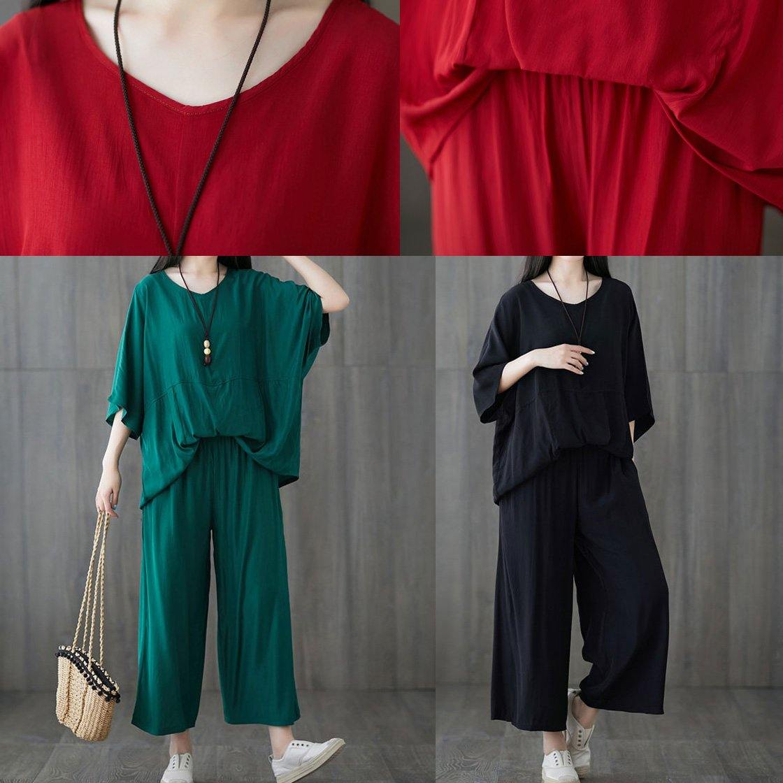 Casual cotton blended batwing sleeve pullover tops and elastic waist pants red two pieces