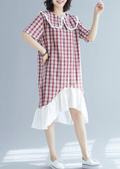 Chic patchwork linen clothes For Women Sleeve red plaid Dress summer