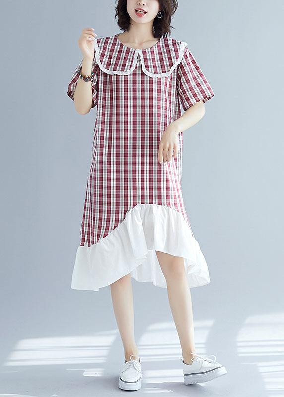 Chic patchwork linen clothes For Women Sleeve red plaid Dress summer