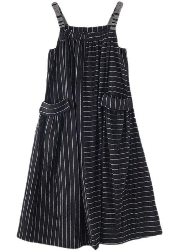 Classy Black Striped Pockets Carpenter Fall Linen Dress