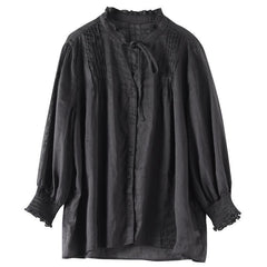 Classy black linen Blouse stand collar utton Down daily blouses