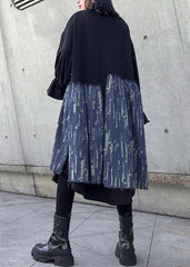 Loose black cotton dresses patchwork thick o neck Maxi Dress