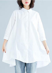Loose white linen cotton Tunic Shirts lapel asymmetric tops