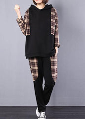 autumn women black patchwork khaki plaid hooded tops and casual pants two pieces