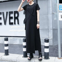 baggy black natural cotton dress trendy plus size casual dress vintage one side long hem sleeveless cotton clothing dress