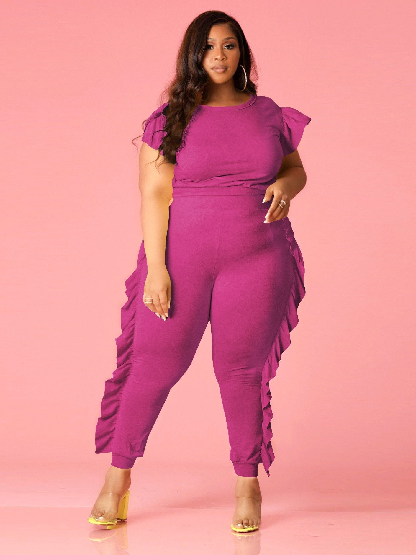 Casual Ruffled Plus-size Top+Pantsuit