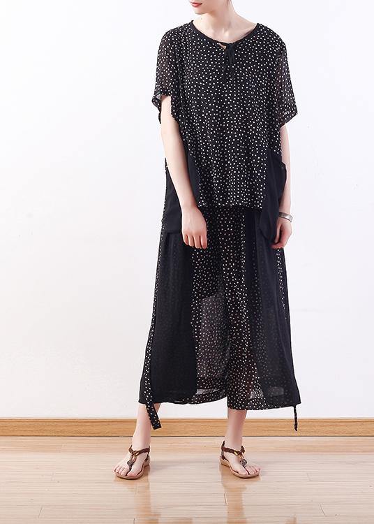 black dotted chiffon pullover tops with women patchwork pants two pieces