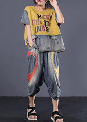 casual women cotton yellow two pieces loose patchwork tops and elastic waist pants