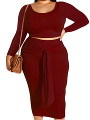Plus Size 2 Piece Solid Color Crop Tops+Long Skirt Sets