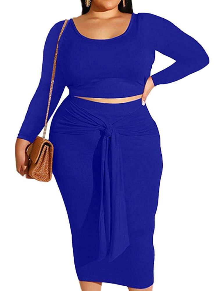 Plus Size 2 Piece Solid Color Crop Tops+Long Skirt Sets