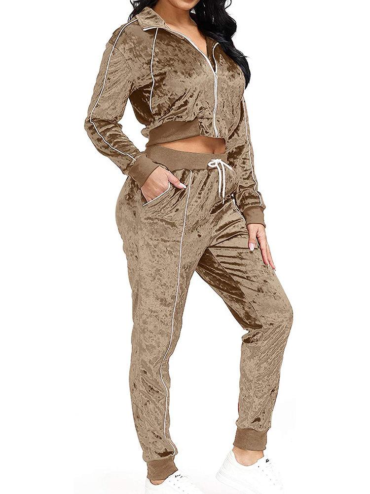 2 Pieces Zipper Ruched Pullover Tops+Drawstring Pants