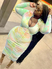 Plus Size Long Sleeve Tie Dyed Stacked Bodycon Dresses