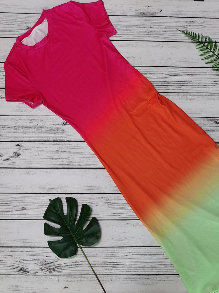 Short Sleeve Gradient Color Ruched T-shirt Dresses