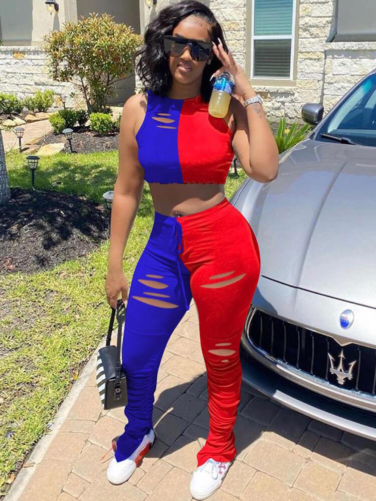 2 Piece Color Block Sleeveless Ripped Sports Tracksuits