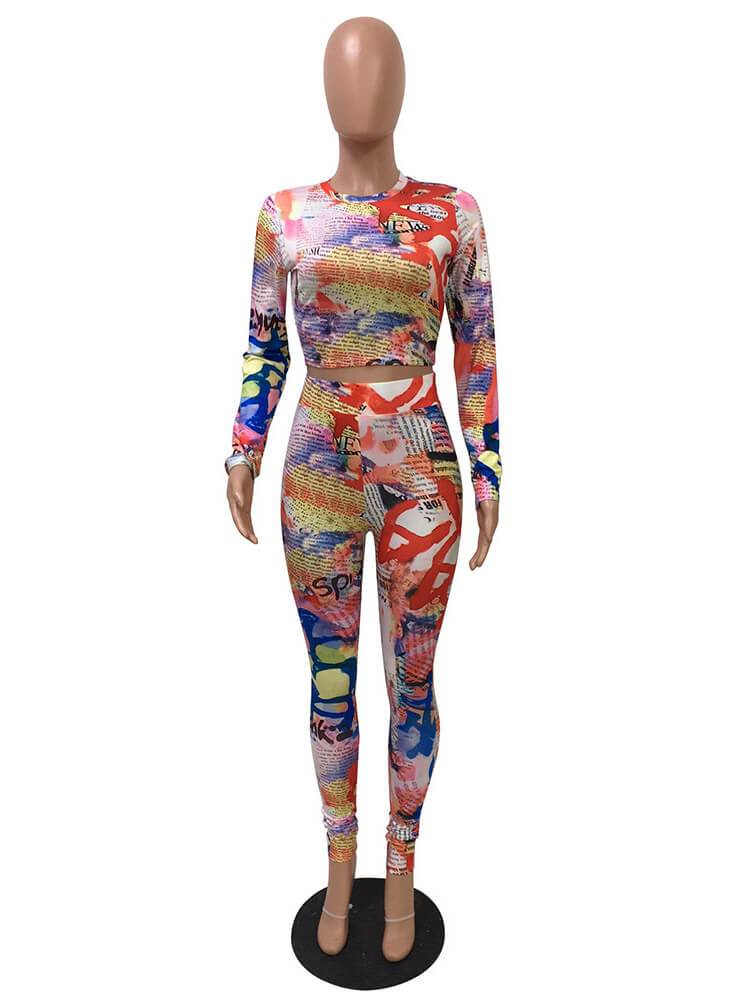 2 Piece Colorful Letter Print Bodycon Tracksuits