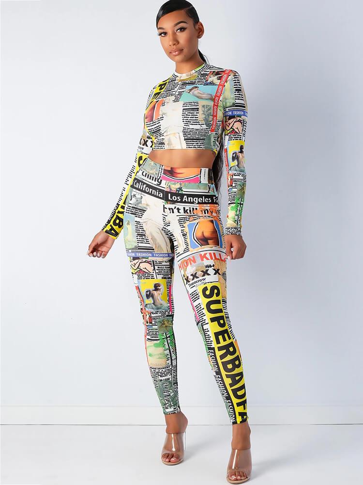 2 Piece Colorful Letter Print Bodycon Tracksuits