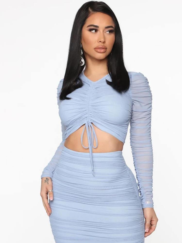 2 Piece Mesh Drawstring Tops+Split Ruched Skirt