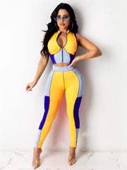 2 Piece Color Block Zip Up Crop Top+Pants Sets