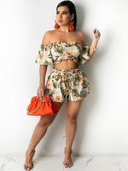 2 Piece Off Shoulder Short Sleeve Floral Crop Top Ruffle Shorts