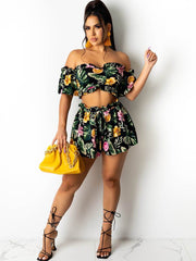 2 Piece Off Shoulder Short Sleeve Floral Crop Top Ruffle Shorts