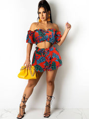 2 Piece Off Shoulder Short Sleeve Floral Crop Top Ruffle Shorts