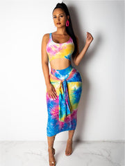 2 Piece Tie Dye Crop Top+Bodycon Maxi Dresses Sets