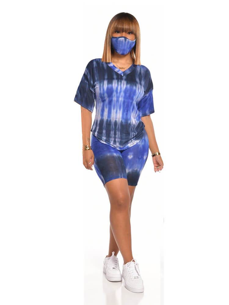 2 Piece Tie Dyed Short Sleeve Tops+Bodycon Shorts Sets