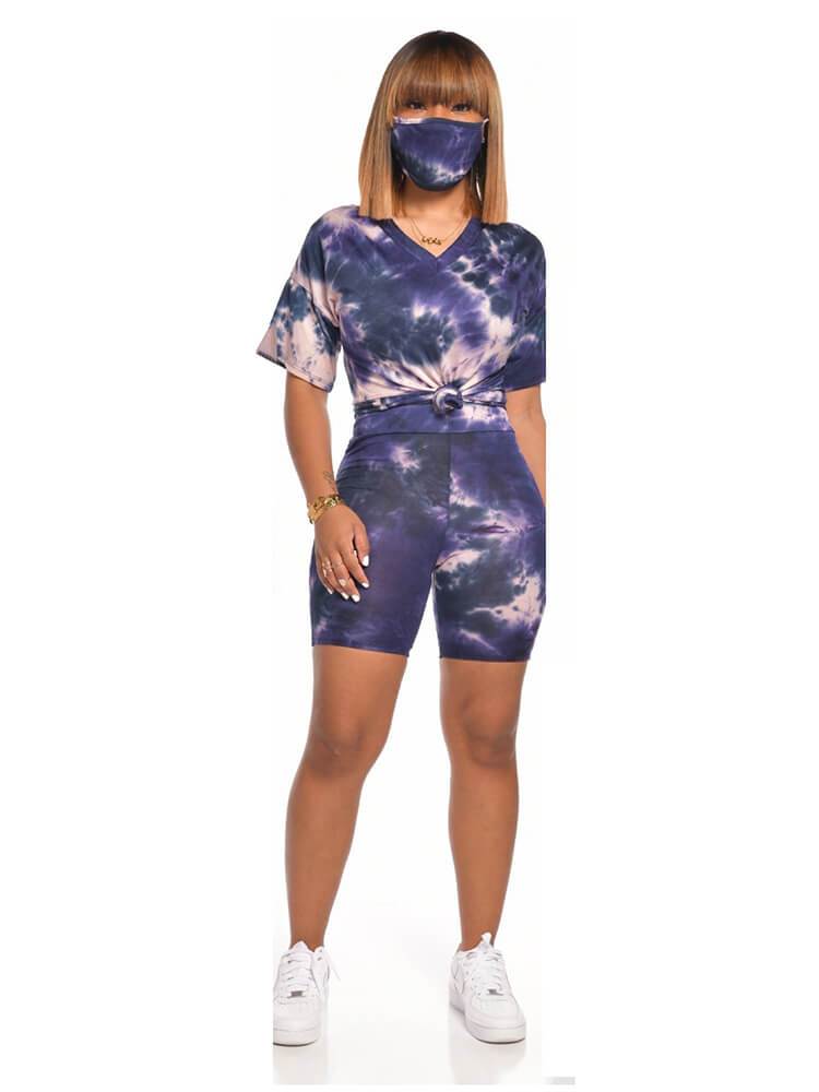 2 Piece Tie Dyed Short Sleeve Tops+Bodycon Shorts Sets