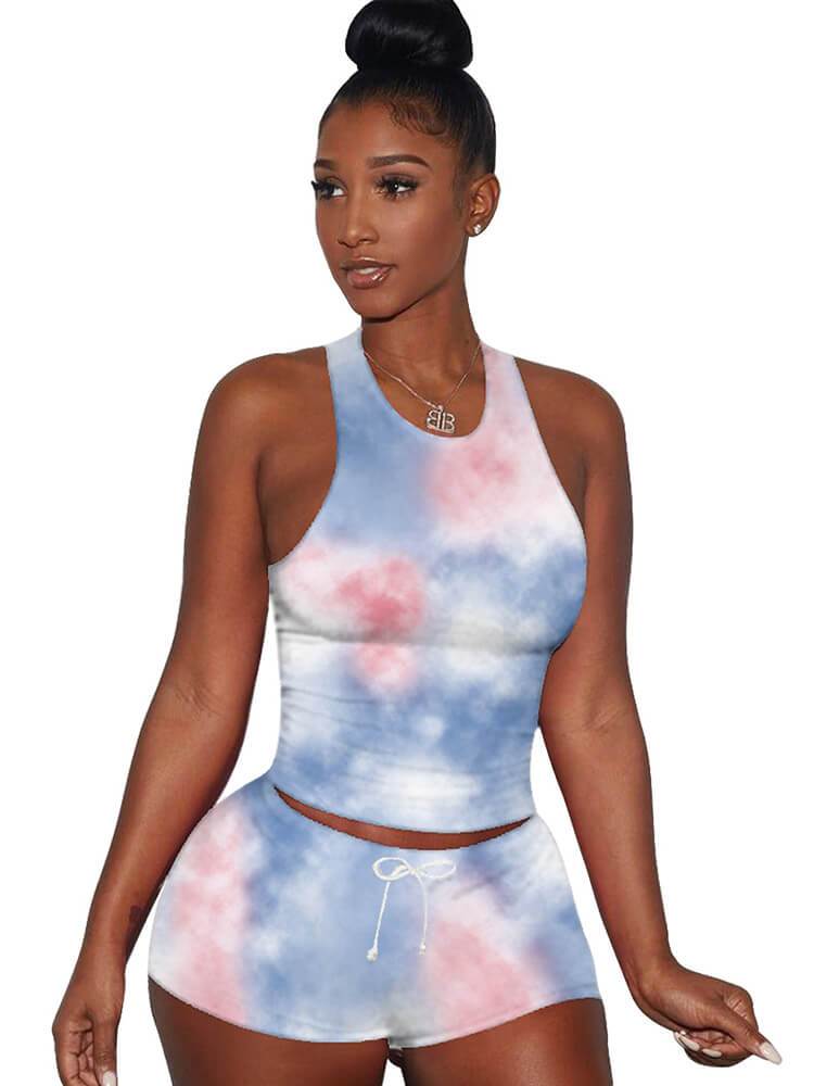 2 Piece Tie Dye Sleeveless Tank Tops+Shorts Sets Tracksuits