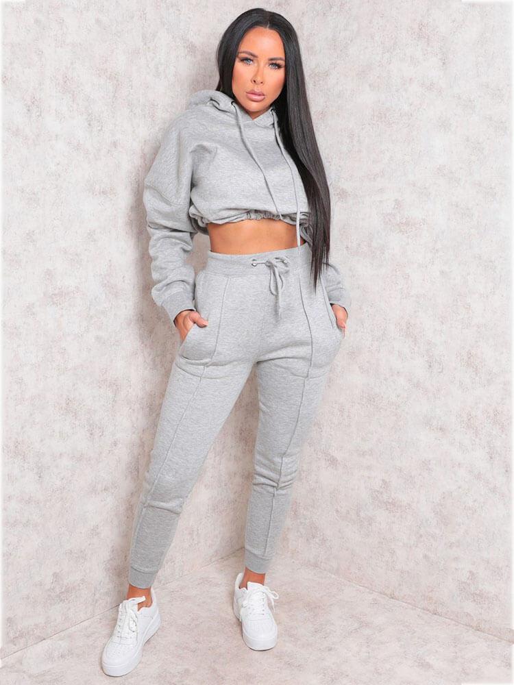 2 Piece Long Sleeve Hooded Crop Tops+Pants Sets