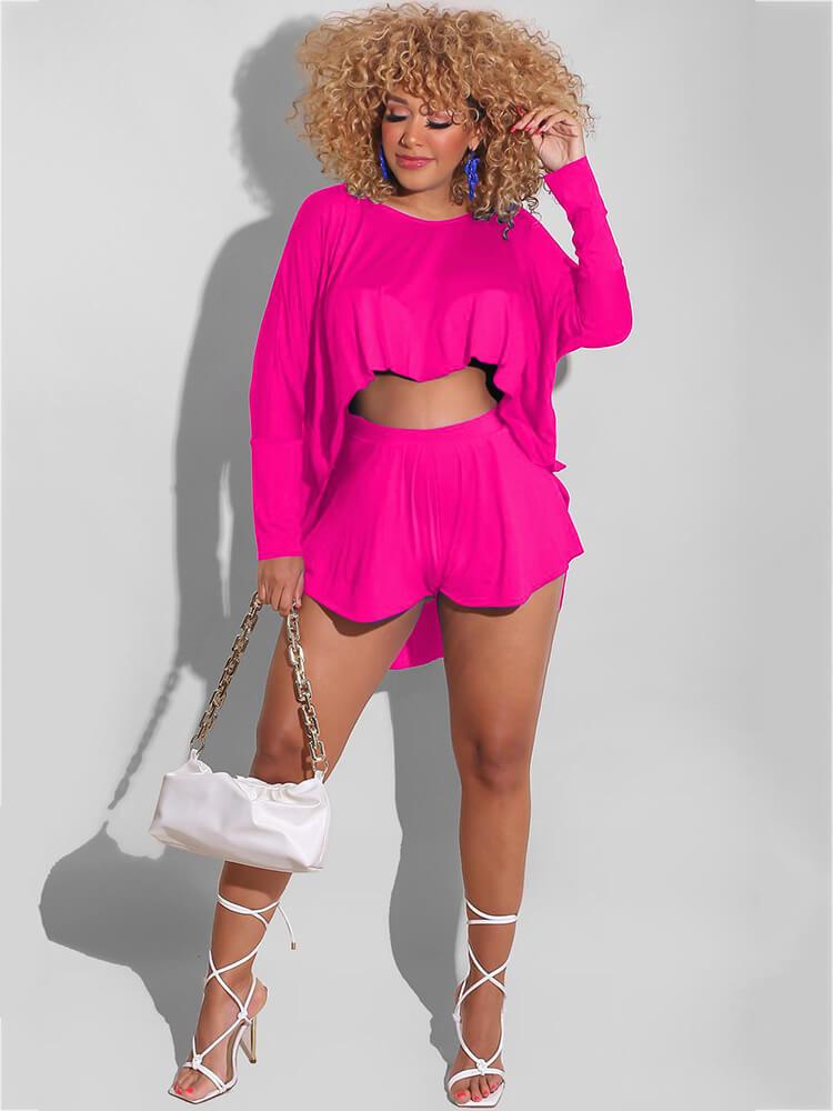 2 Piece Solid Color High-low Tops + Shorts Sets