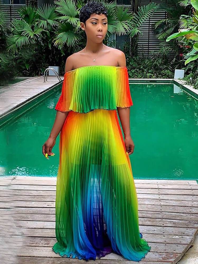 Off Shoulder Colorful Ombre Pleated Maxi Dresses