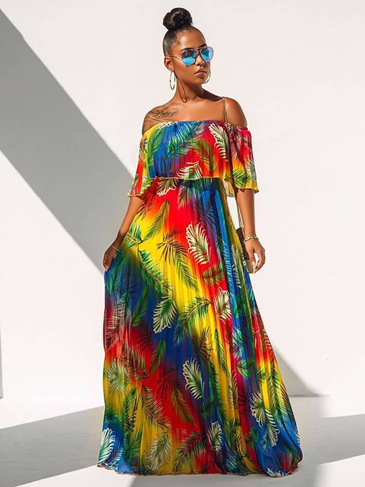 Off Shoulder Colorful Ombre Pleated Maxi Dresses