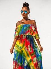 Off Shoulder Colorful Ombre Pleated Maxi Dresses