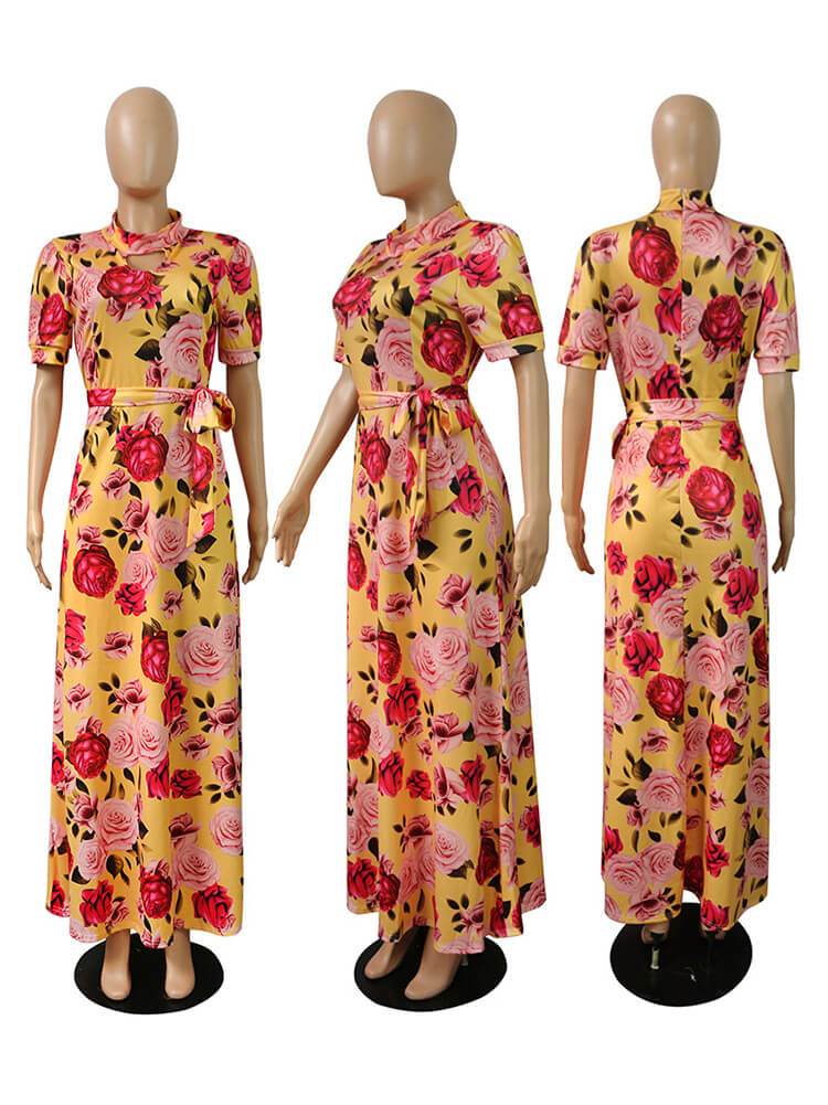 Plus Size Floral Hollow Out Bust Modest Swing Maxi Dresses