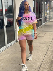 2 Piece Tie Dyed Letter Print Top+Short Sets